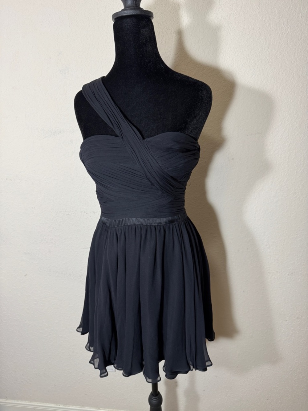 Donna Mizani (Revolve) Black One Shoulder Mini Dress Ruched Chiffon Cocktail S